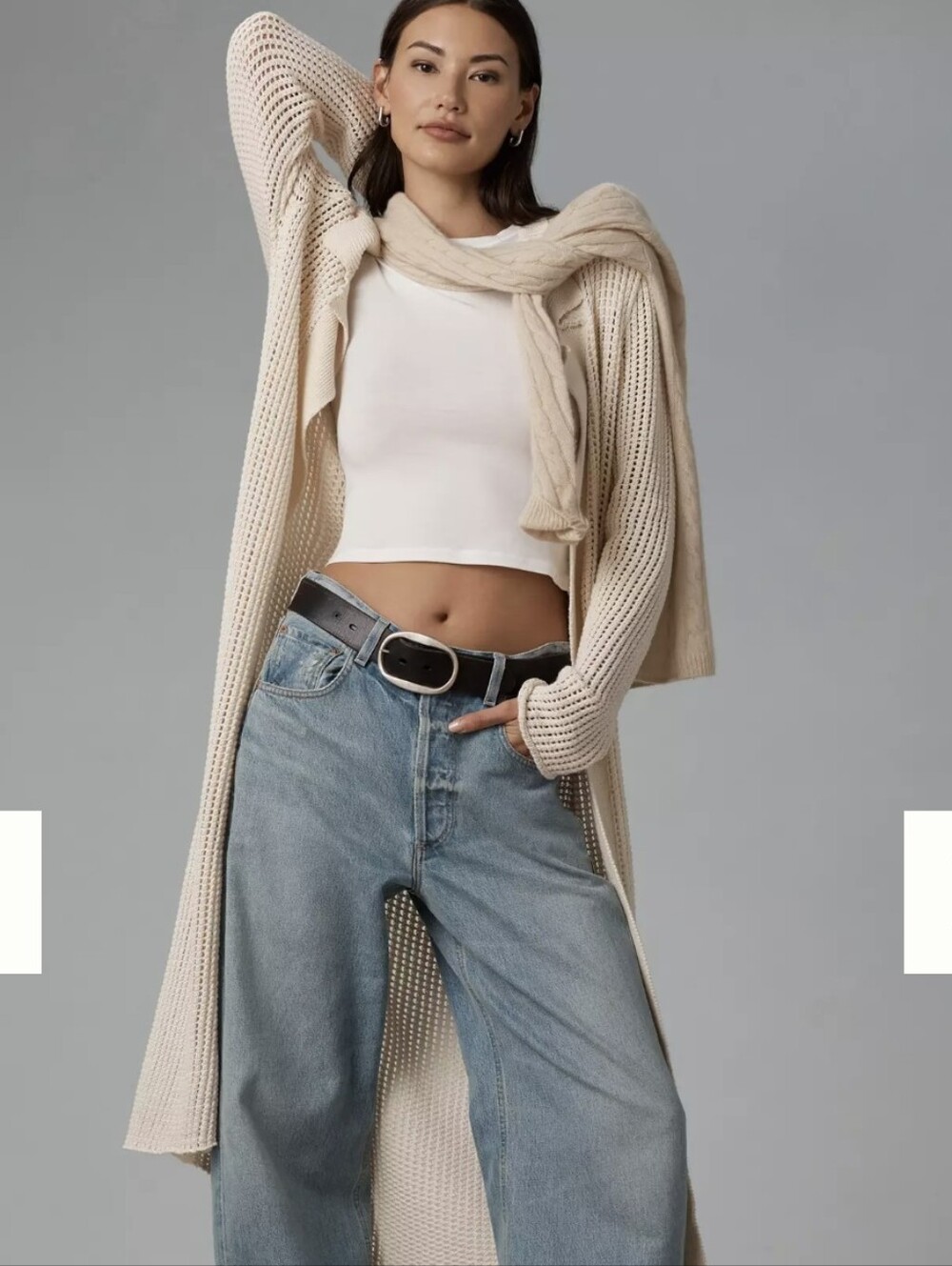 Pilcro Anthropologie Open Stitch Duster Sweater Cream Leopard Trim Small